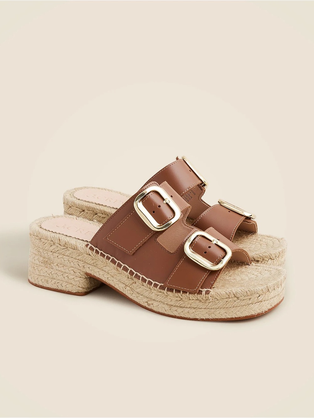 Jcrew Brown Leather Espadrille Platform Slide with Gold Buckles